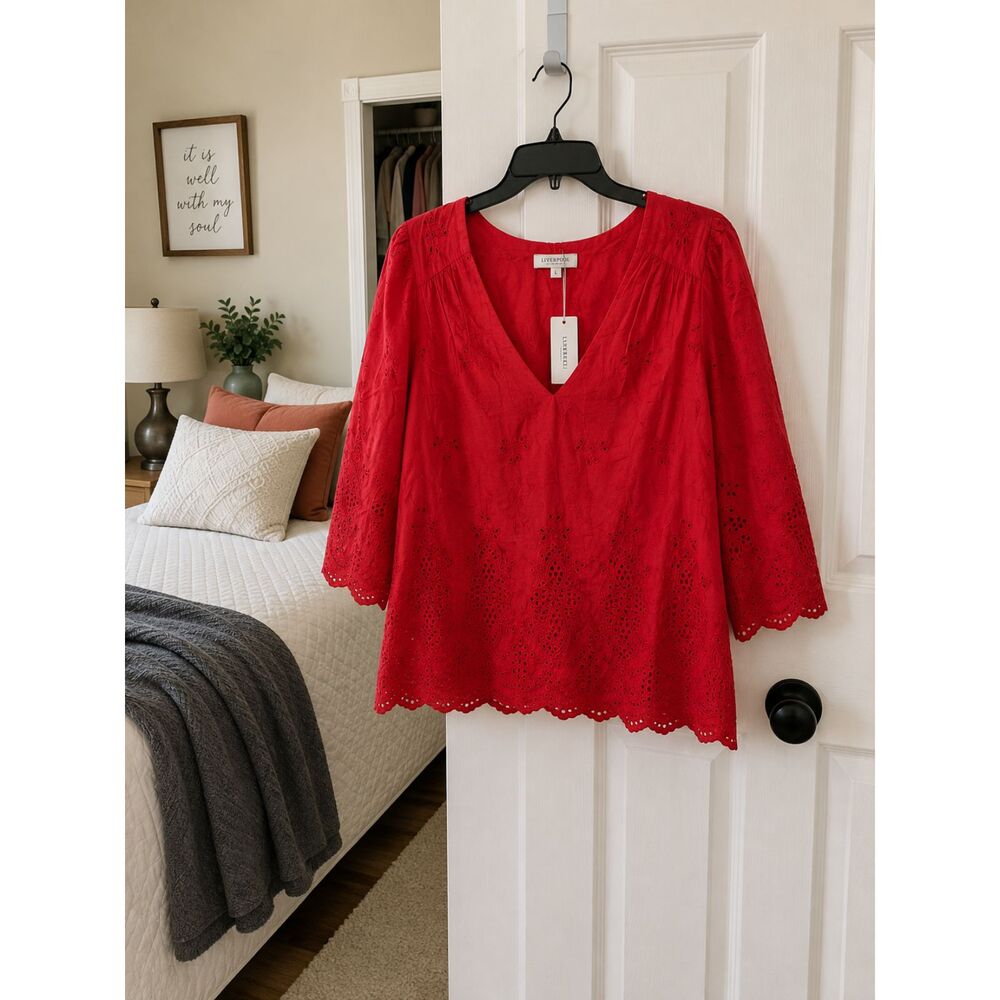 Liverpool Red Eyelet V Neck Blouse Large 3/4 Sleeve NWT